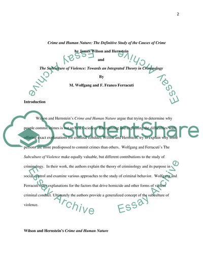 Comparing the Subculture of Violence with Crime b James Wilson and Human Nature by M. Wolfgang