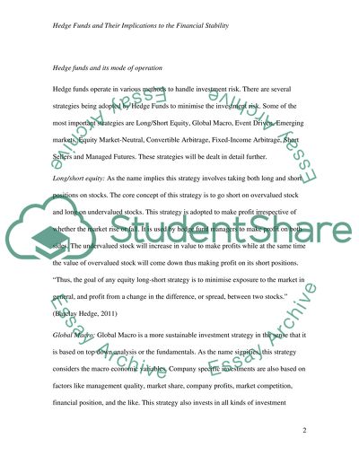 Hedge Funds and Their Implications to the Financial Stability