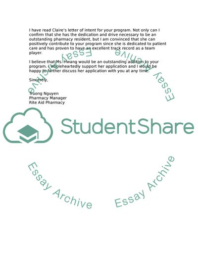 Letter of recommendation for pharmacy residency program