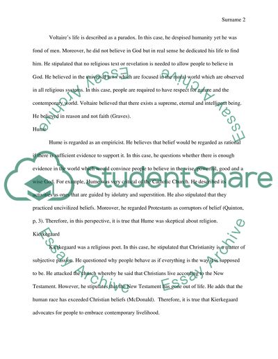 Compare and contrast Pascal, Voltaire, Hume, Kierkegaard and Nietzsche