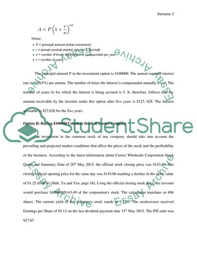 Choosing Between Investing $100000 in a Bank Account or Common Stock at Costco Company