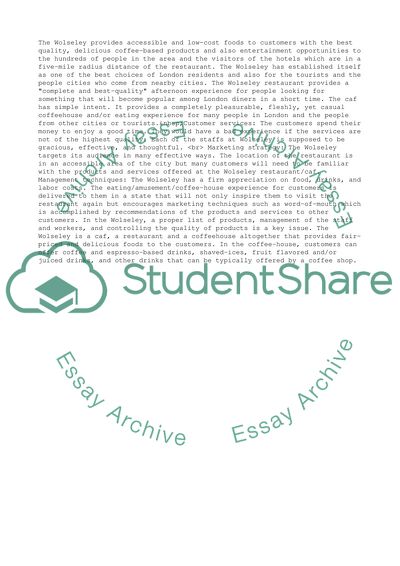 Business Plan for the Wolseley Restaurant