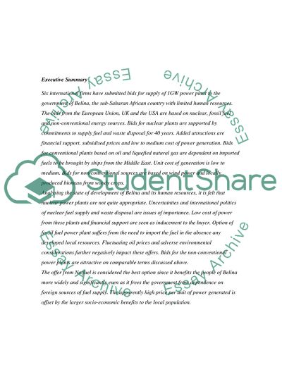 Choice of Power Plant for Belina Government