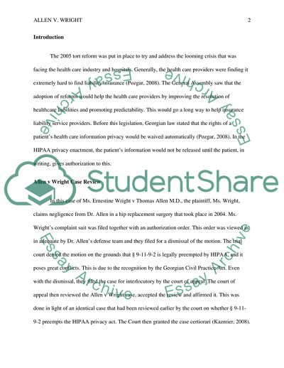 Legal Aspects of Healthcare Administration: Allen v Wright Case