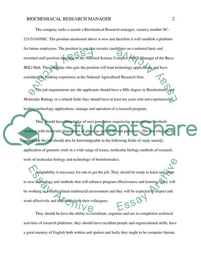 Biochemical Research Manager Recruitment Criteria