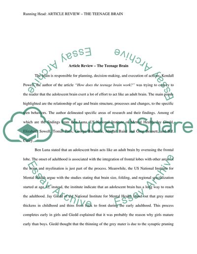 Article Review The Teenage Brain