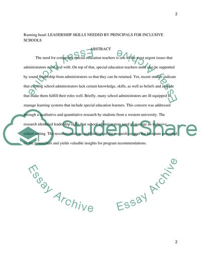 Leadership Skills Needed by Principals for Inclusive Schools