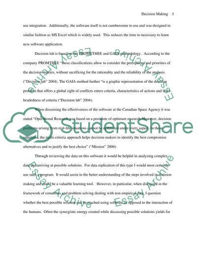 Decision Making Software Analysis and Discussion