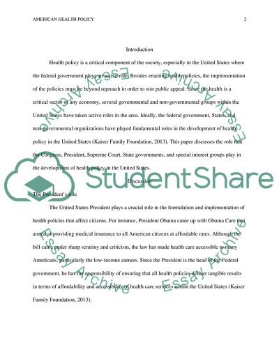 Role of Various Institutions and Parties in the Development of Health Policy