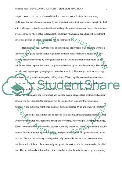 DEVELOPING A SHORT TERM STAFFING PLAN