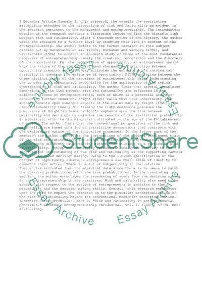 Risk and Rationality in Entrepreneurial Processes