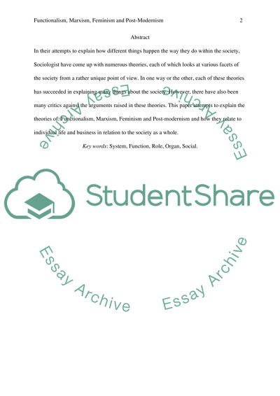 Sociology of Functionalism, Marxism, Feminism and Post-Modernism