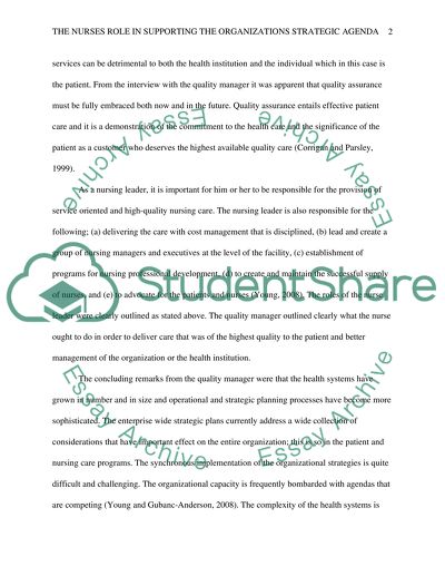 The nurses role in supporting the organizations strategic Agenda