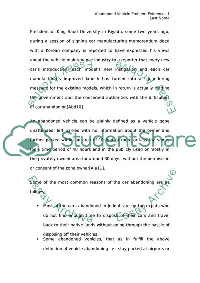Abandoned vehicle problem evidences