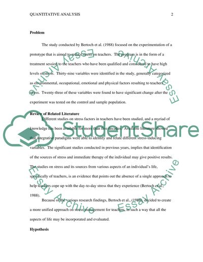 Quantitative Analysis on Article: Reducing Teachers Stress