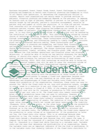 Challenges to financial planning and budgeting in health care