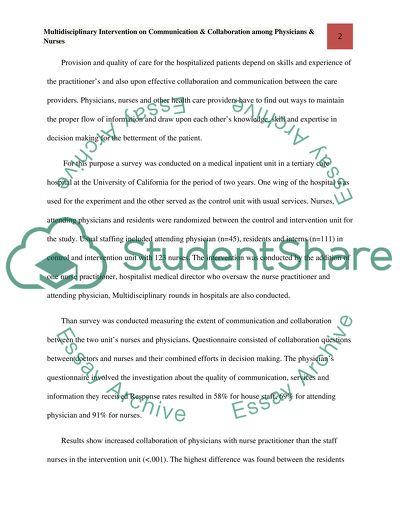 Multidisciplinary Intervention in Communication and Collaboration among Physicians and Nurses