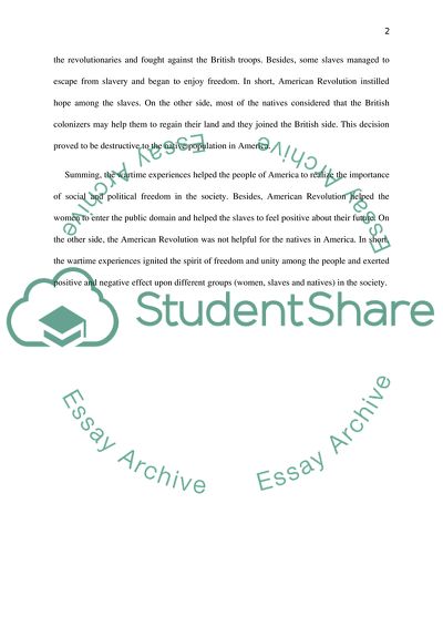 Wartime Experiences of the Revolution and the Effects on Women, Slaves, and Natives