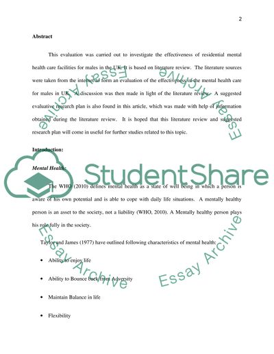 Evaluating the Effectiveness of Young Male Mental Health Service in Residential Care