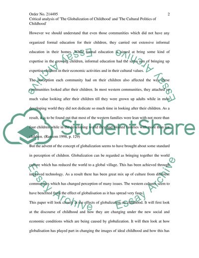 Critical Analysis of the Globalization of Childhood and the Cultural Politics of Childhood
