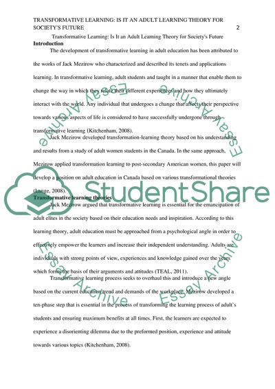 Transformative Learning: Is It an Adult Learning Theory for Societys Future