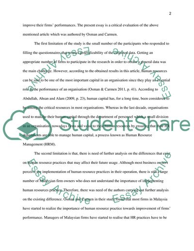 Critical Evaluation of the Relationship between Human Resource Practices and Firm Performance: an Empirical Assessment of Firms in Malaysia Article