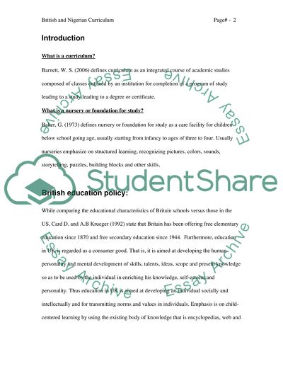 British and Nigerian Foundation Curriculum