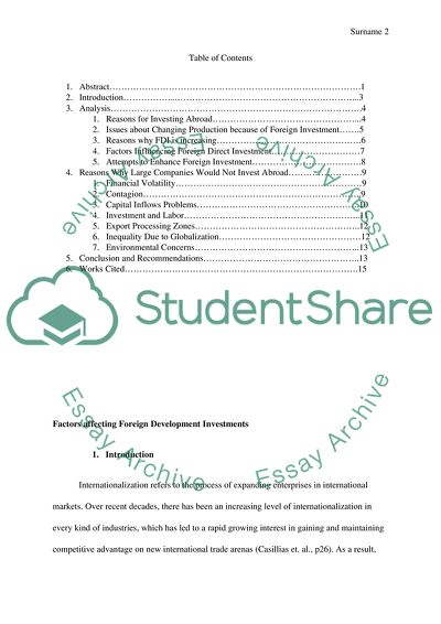 Factors affecting Foreign Development Investments