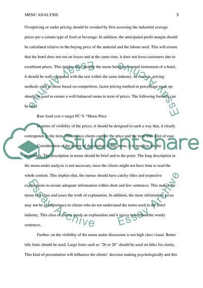 Menu Analysis - Pricing, Consideration of Profit Margin