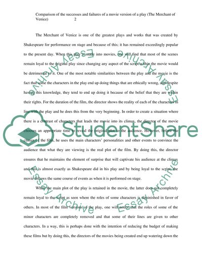 Comparison of the successes and failures of a movie version of a play (The Merchant of Venice)