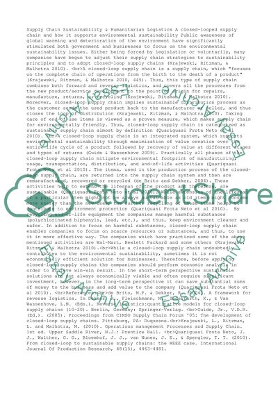 Supply Chain sustainability & Humanitarian Logistis