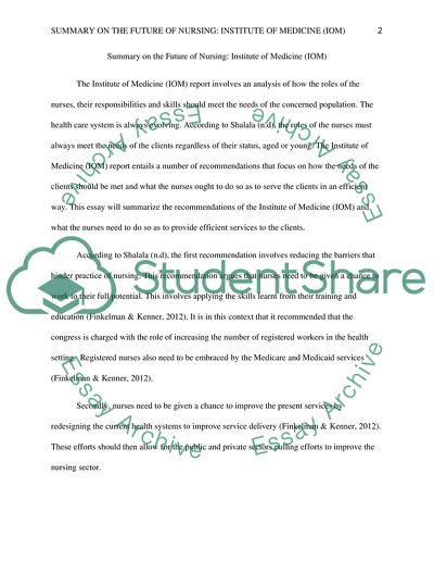 Summary on The Future of Nursing: Institute of Medicine (IOM)