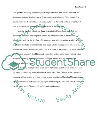 Censorship in China will impede its potential for economic development. How do the News / Media / Access to Information affect this