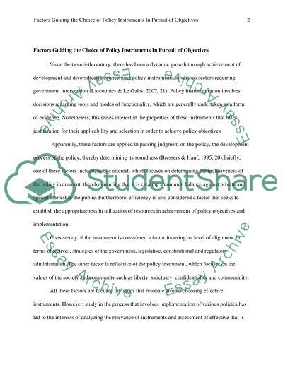 Factors Guiding the Choice of Policy Instruments In Pursuit of Objectives