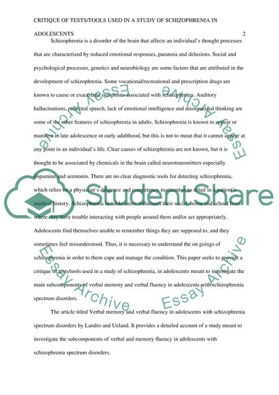 Critique of tests/tools used in a study of schizophrania in Adolescents
