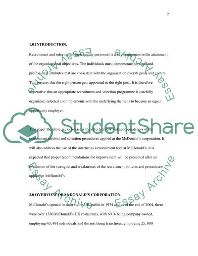 The Recruitment Method and Selection Procedures Applied at the McDonalds Corporation
