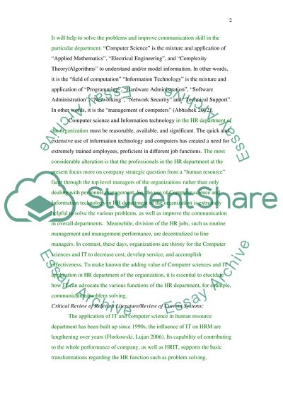 Computer Science and Information Technology in HR Department of an Organization
