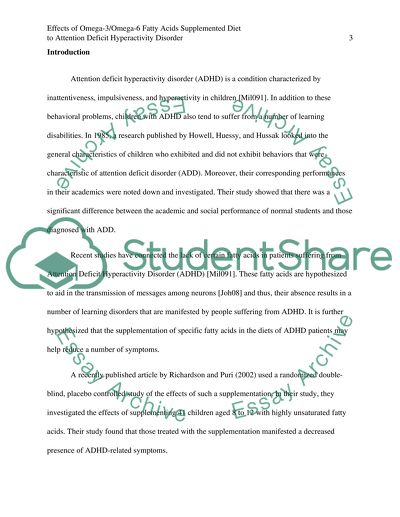 Effects of Omega-3/Omega-6 fatty acids Supplemented Diet to Attention Deficit Hyperactivity Disorder