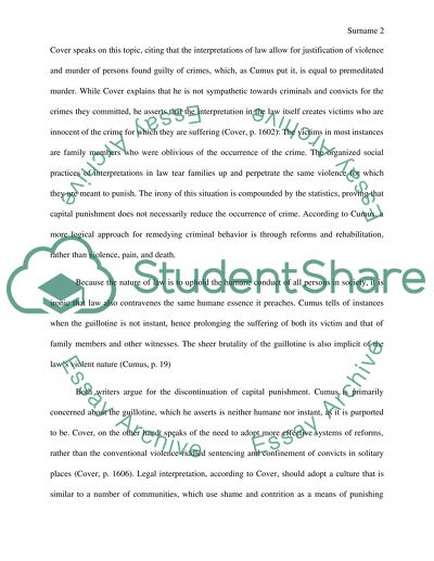 Violance and the World by Robert Cover and Reflections on the Guillotine by Albert Cumus