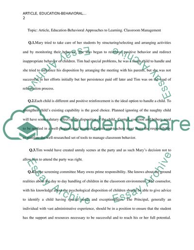 Education-Behavioral Approaches to Learning