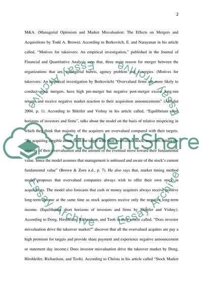 Investor Misvaluation Effect Merger and Acquisition Activity