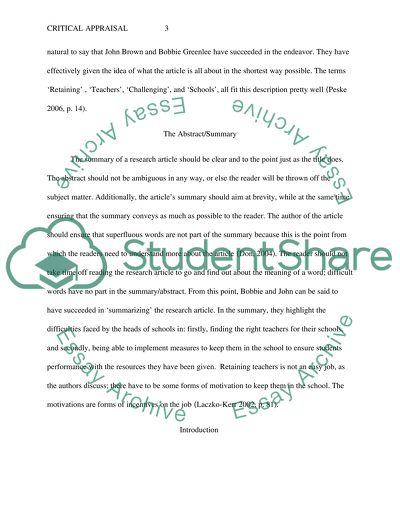 Retaining Teachers in Challenging Schools Article Appraisal