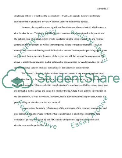 Article Response: F.T.C. Suggests Guidelines on Privacy for Mobile Apps by Edward Wyatt