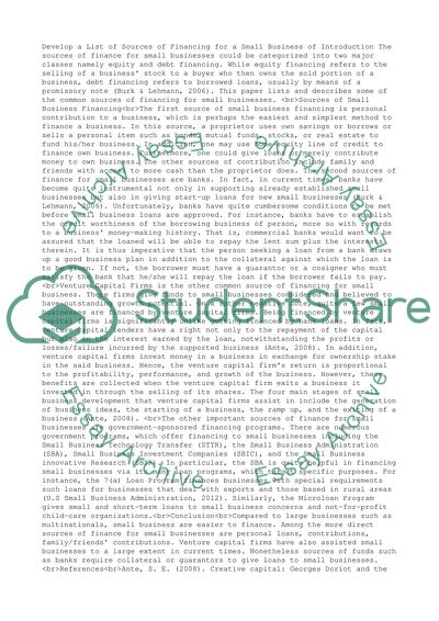 Develop a list of sources of financing for a small business