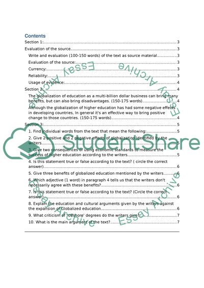 Comprehension questions about text: Globalisation and Higher education Development: Acritical analysis