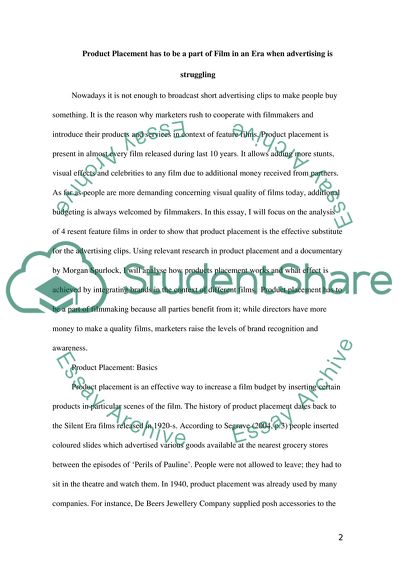 Product Placement has to Be a Part of Film in an Era when Advertising Is Struggling