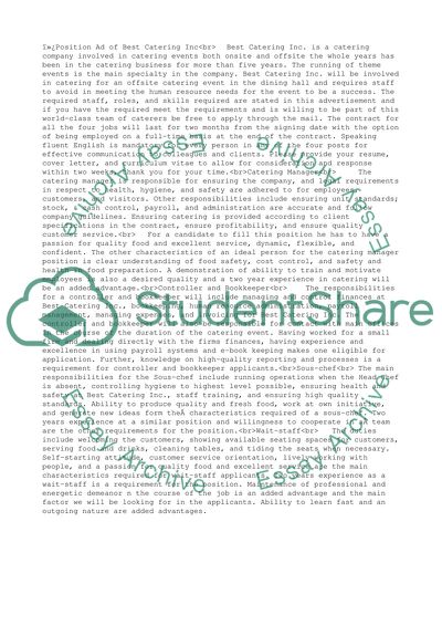 Position Ad of Best Catering Inc