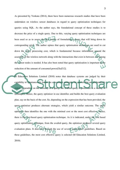 Query Optimisation in Wireless Sensor Networks Database