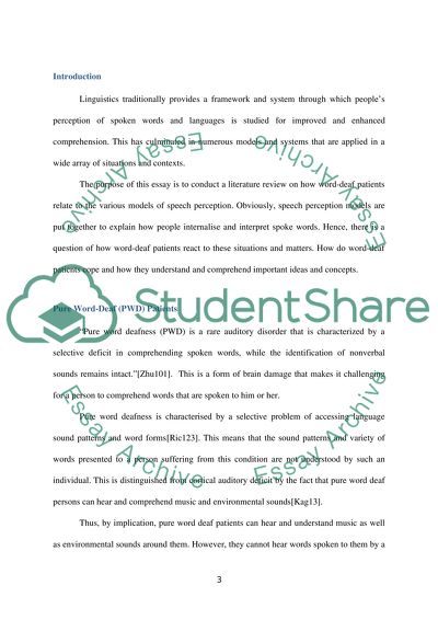 Pure Word Deafness and Indicators on Speech Perception