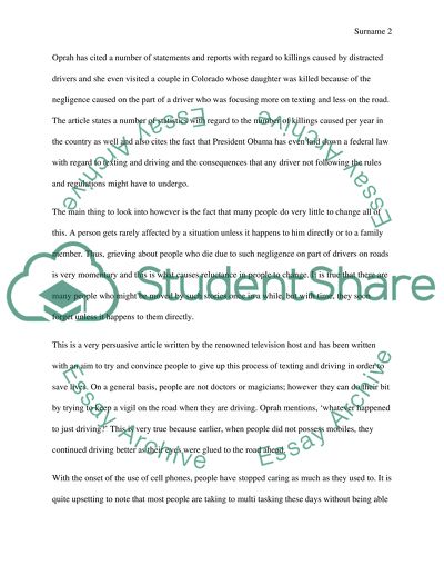 Oprahs Article on Texting and Driving